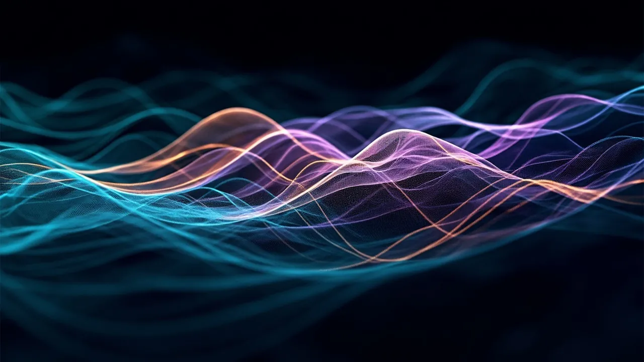 Interference pattern of overlapping wavefronts, drawn as fine cyan and violet curves.