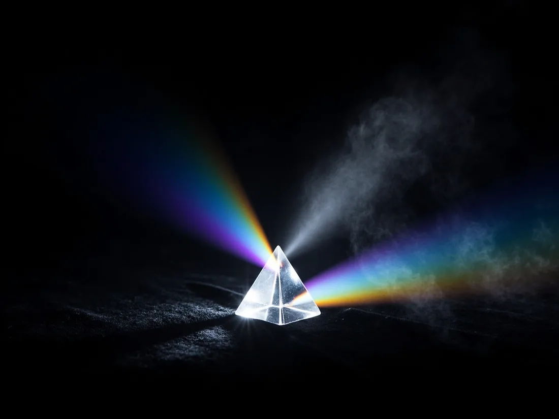 Beam of light dispersing through a glass prism into a spread of colour